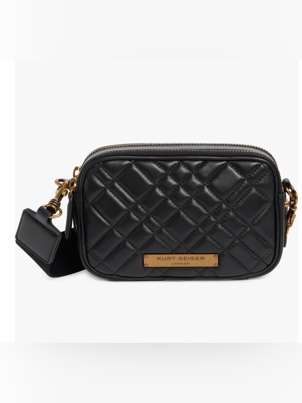 Kurt Geiger Black Quilted Leather Camera Bag with Bronze/Gold HW cloth strap